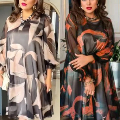 👗Płynąca sukienka z okrągłym dekoltem, długimi rękawami i nadrukiem