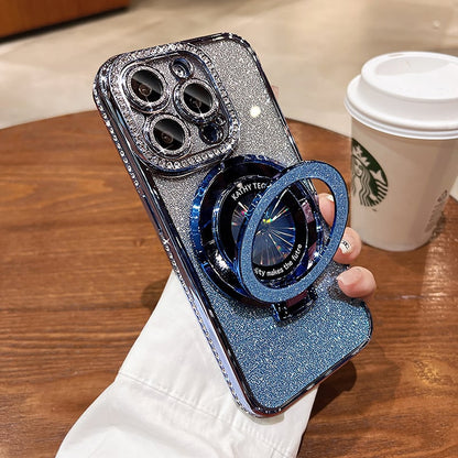 Magnetyczne etui na iPhone'a z brokatowymi dżetami i niewidoczną podstawką