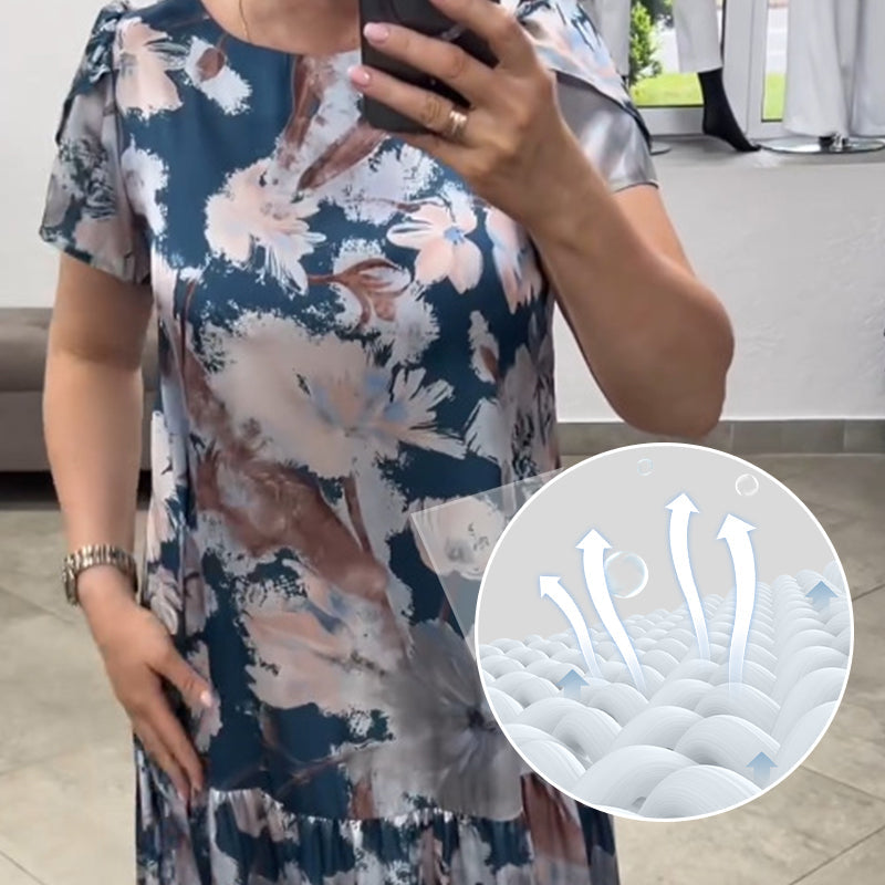 🌸Kwiatowa sukienka z krótkimi rękawami, okrągłym dekoltem, luźny krój🌟