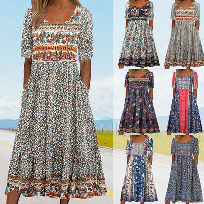 🌸 Elegancka sukienka damska z nadrukiem boho