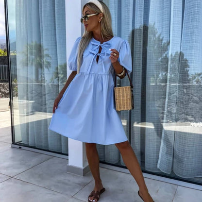 💕 Sukienka z bufiastym rękawem z kokardą z przodu w czystym kolorze