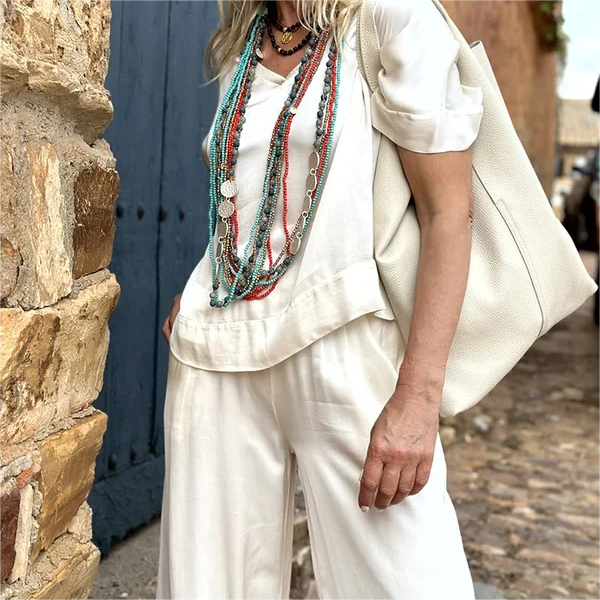 💝Top z krótkim rękawem i szerokimi nogawkami, komplet 2-częściowy✨