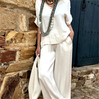 💝Top z krótkim rękawem i szerokimi nogawkami, komplet 2-częściowy✨