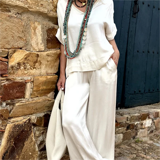 💝Top z krótkim rękawem i szerokimi nogawkami, komplet 2-częściowy✨