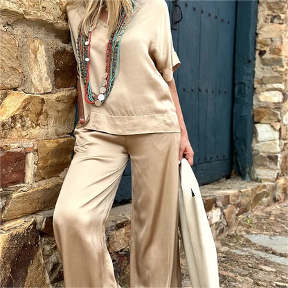 💝Top z krótkim rękawem i szerokimi nogawkami, komplet 2-częściowy✨