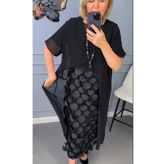 Elegancka damska sukienka z dekoltem w serek w kolorze czarnym z nieregularnym żakietem, dwuczęściowy komplet