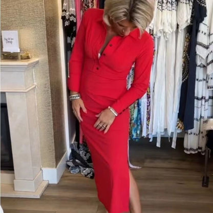 Seksowna czerwona sukienka damska z długim rękawem i klapami