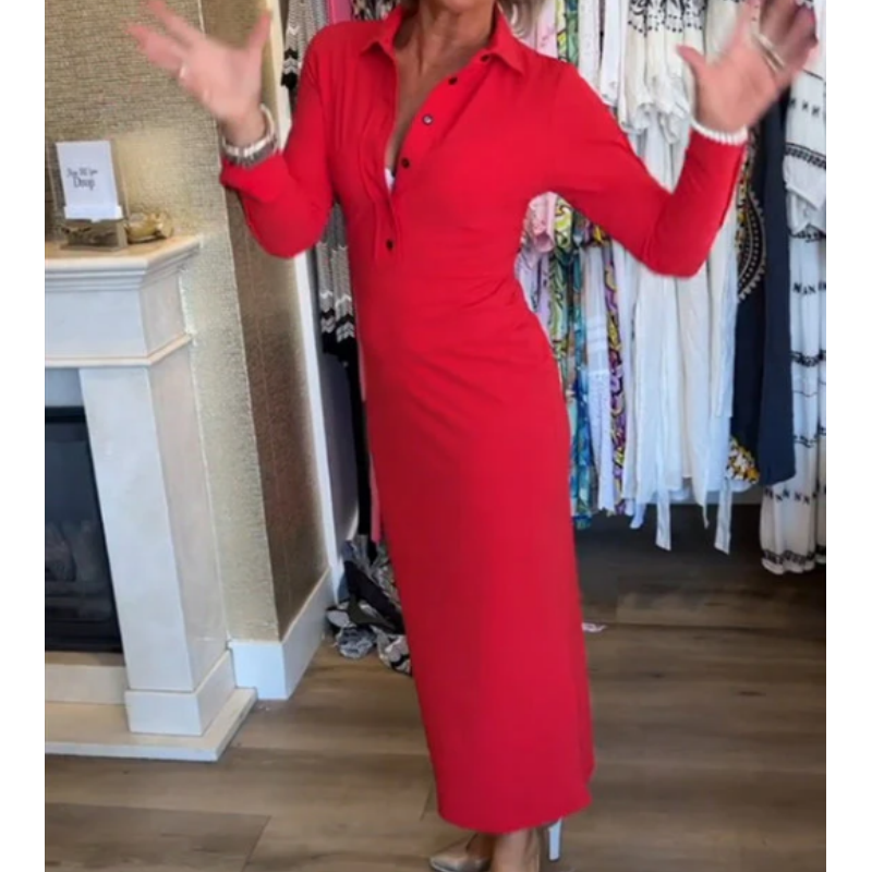 Seksowna czerwona sukienka damska z długim rękawem i klapami