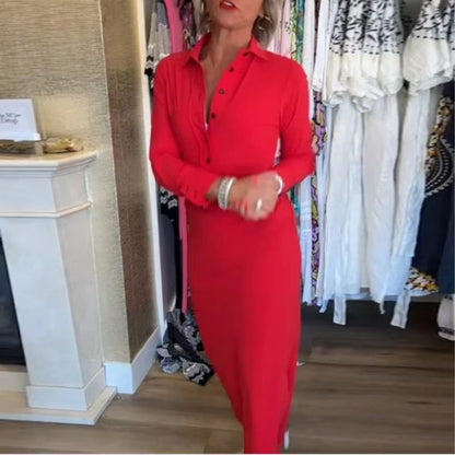 Seksowna czerwona sukienka damska z długim rękawem i klapami