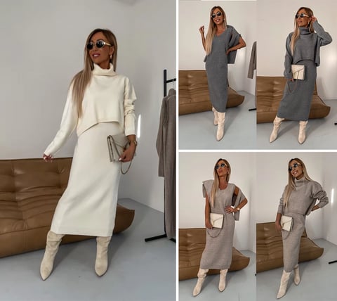 Elegancka i pewna siebie - Dzianinowa sukienka w komplecie
