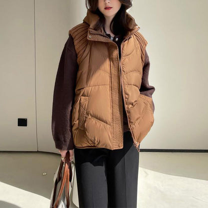 Damska dzianinowa kurtka z patchworkowym puchem kaczym, bez rękawów