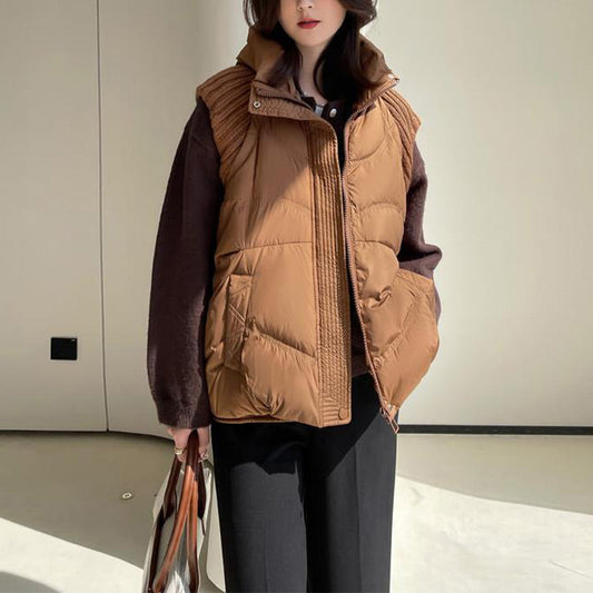 Damska dzianinowa kurtka z patchworkowym puchem kaczym, bez rękawów