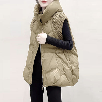 Damska dzianinowa kurtka z patchworkowym puchem kaczym, bez rękawów