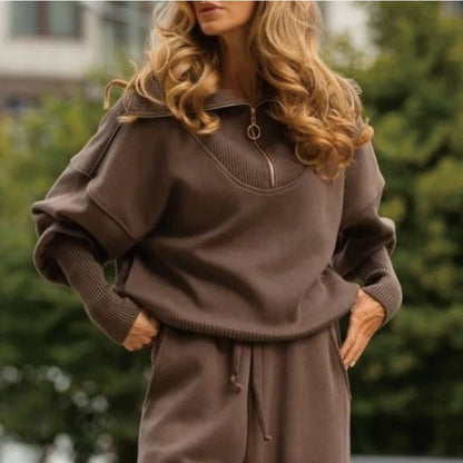 ✨2-częściowy zestaw – damski sportowy zestaw na co dzień ✨- Bluzka z klapami i zamkiem błyskawicznym oraz dopasowane spodnie dresowe