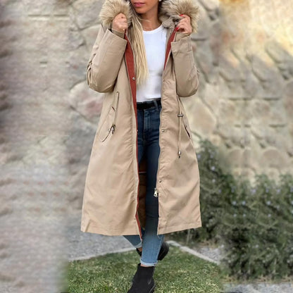 Zimowy płaszcz damski z kapturem i futrzanym kołnierzem Casual Parka