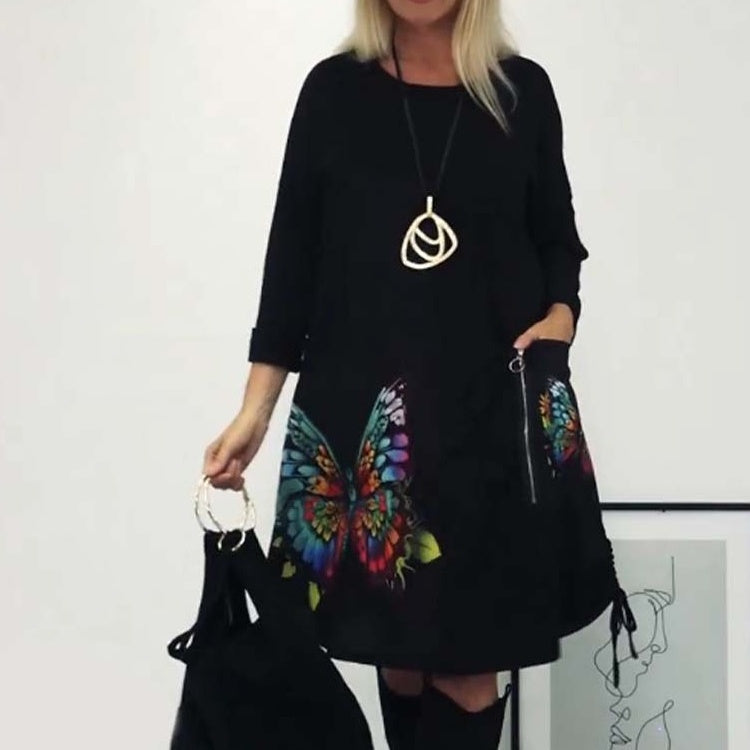 Damska luźna sukienka z okrągłym dekoltem w motyle