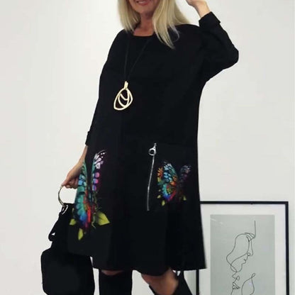 Damska luźna sukienka z okrągłym dekoltem w motyle