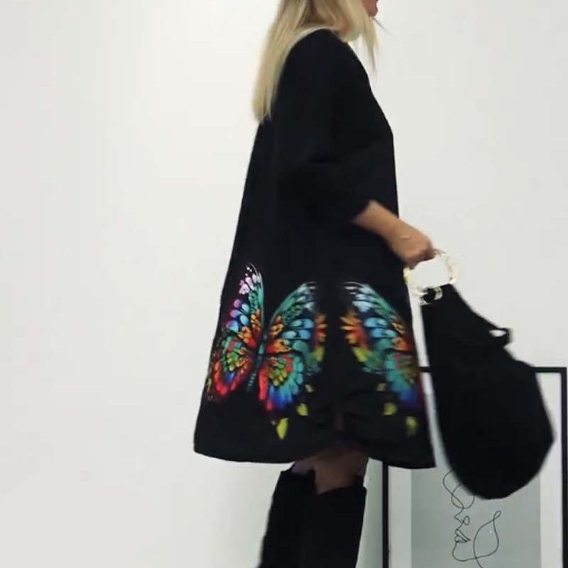 Damska luźna sukienka z okrągłym dekoltem w motyle