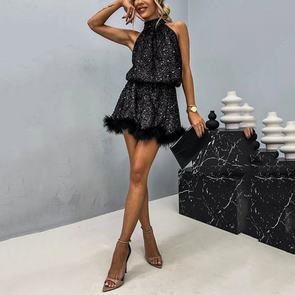 🔥Elegancka damska sukienka z cekinami i piórami na ramiączkach