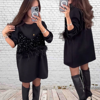 Modna damska dwuczęściowa sukienka z czarnymi cekinami
