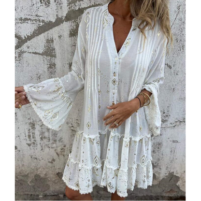 Wygodna damska sukienka midi z geometrycznym nadrukiem i dekoltem w szpic