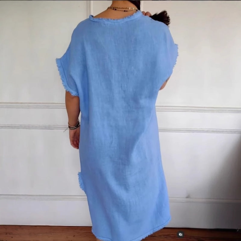 ✨Wiosenna nowość✨Sukienka z bawełny i lnu, casualowa, z dekoltem w serek i frędzlami