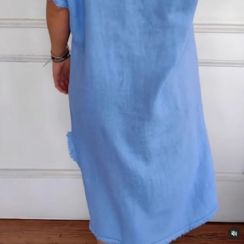 ✨Wiosenna nowość✨Sukienka z bawełny i lnu, casualowa, z dekoltem w serek i frędzlami