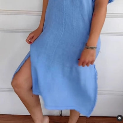 ✨Wiosenna nowość✨Sukienka z bawełny i lnu, casualowa, z dekoltem w serek i frędzlami