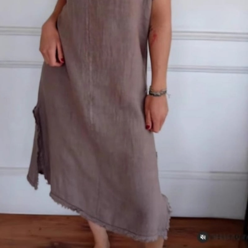 ✨Wiosenna nowość✨Sukienka z bawełny i lnu, casualowa, z dekoltem w serek i frędzlami