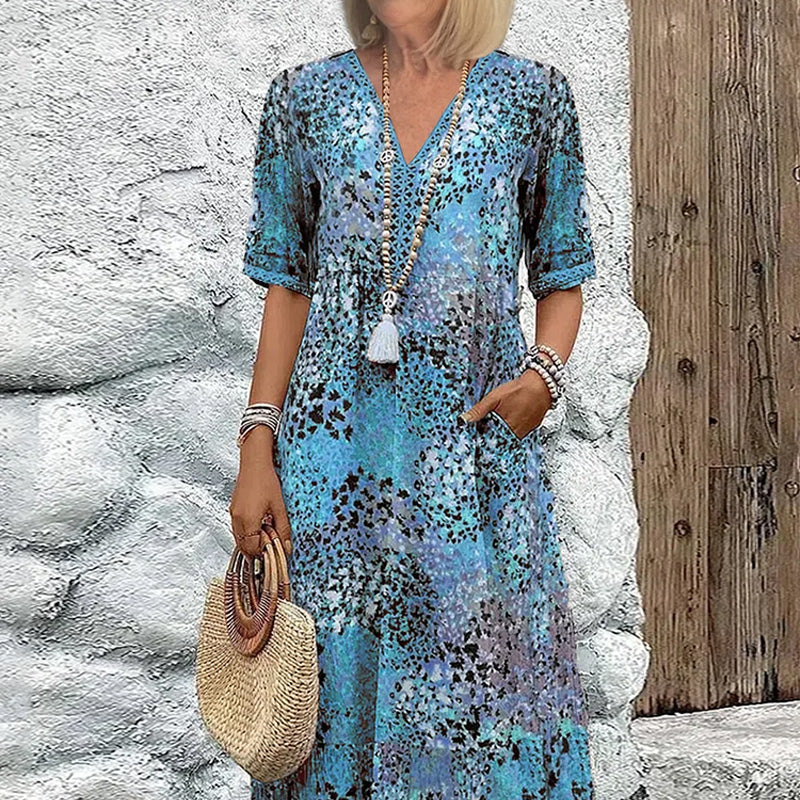 💥Damska sukienka midi z dekoltem w serek i nadrukiem