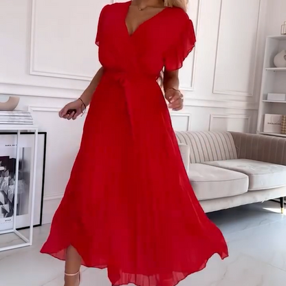 Jednolita plisowana sukienka damska z dekoltem w szpic