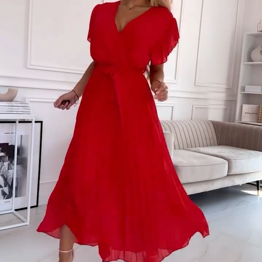 Jednolita plisowana sukienka damska z dekoltem w szpic