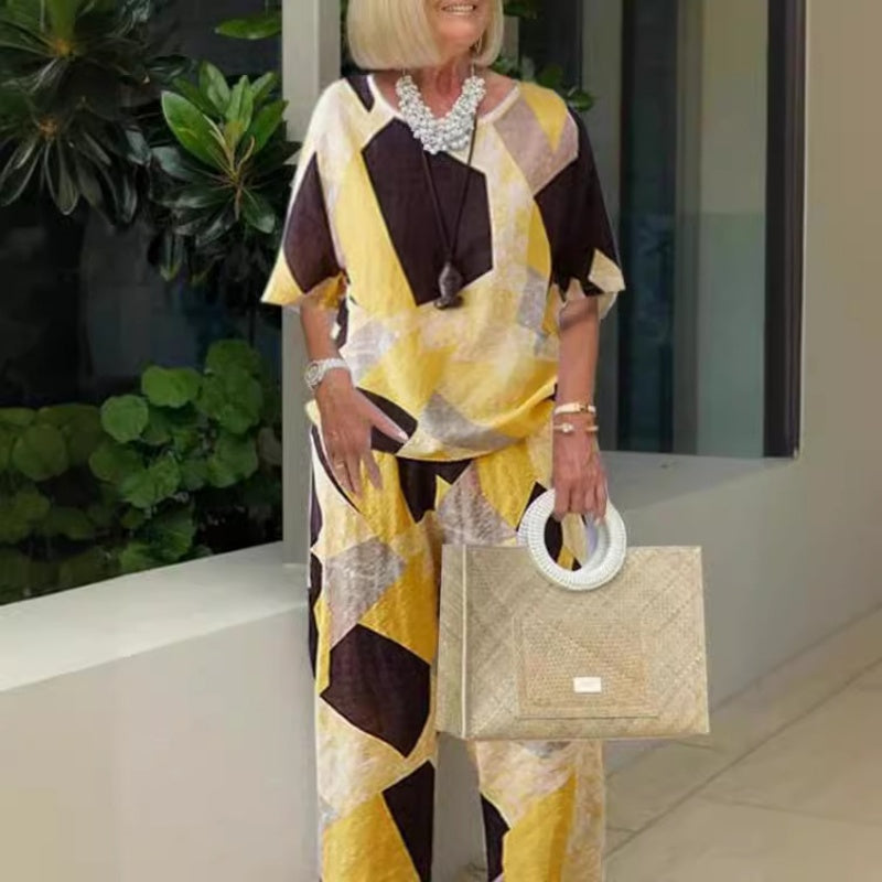 Damski luźny dwuczęściowy zestaw bluzka z półrękawkiem i spodnie