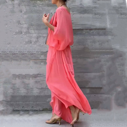 Luźny top i szerokie spodnie z szyfonu, komplet 2-częściowy