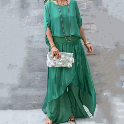 Luźny top i szerokie spodnie z szyfonu, komplet 2-częściowy