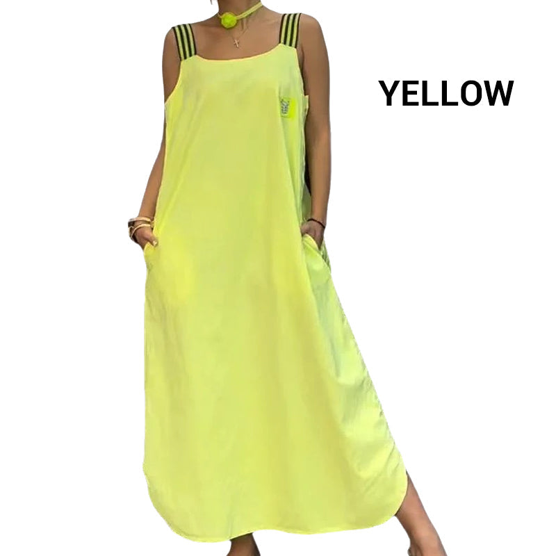 Szeroka sukienka maxi na ramiączkach z kieszeniami