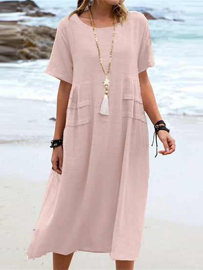 💖Sukienka z lnu bawełnianego z okrągłym dekoltem