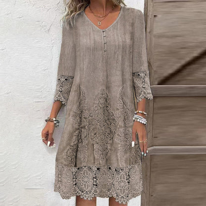 Elegancka damska sukienka koronkowa z półrękawkami i spiczastym dekoltem