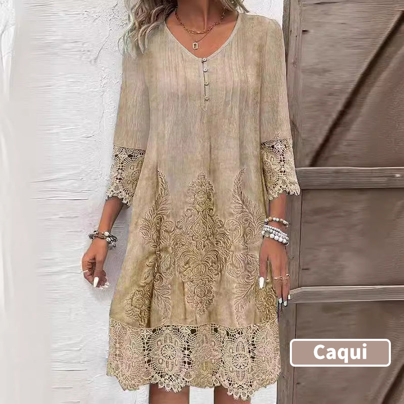 Elegancka damska sukienka koronkowa z półrękawkami i spiczastym dekoltem