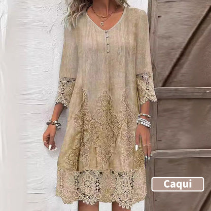 Elegancka damska sukienka koronkowa z półrękawkami i spiczastym dekoltem