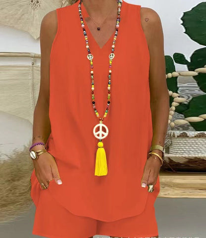 Elegancki dwuczęściowy komplet: krótki rękaw z dekoltem w serek + spodenki