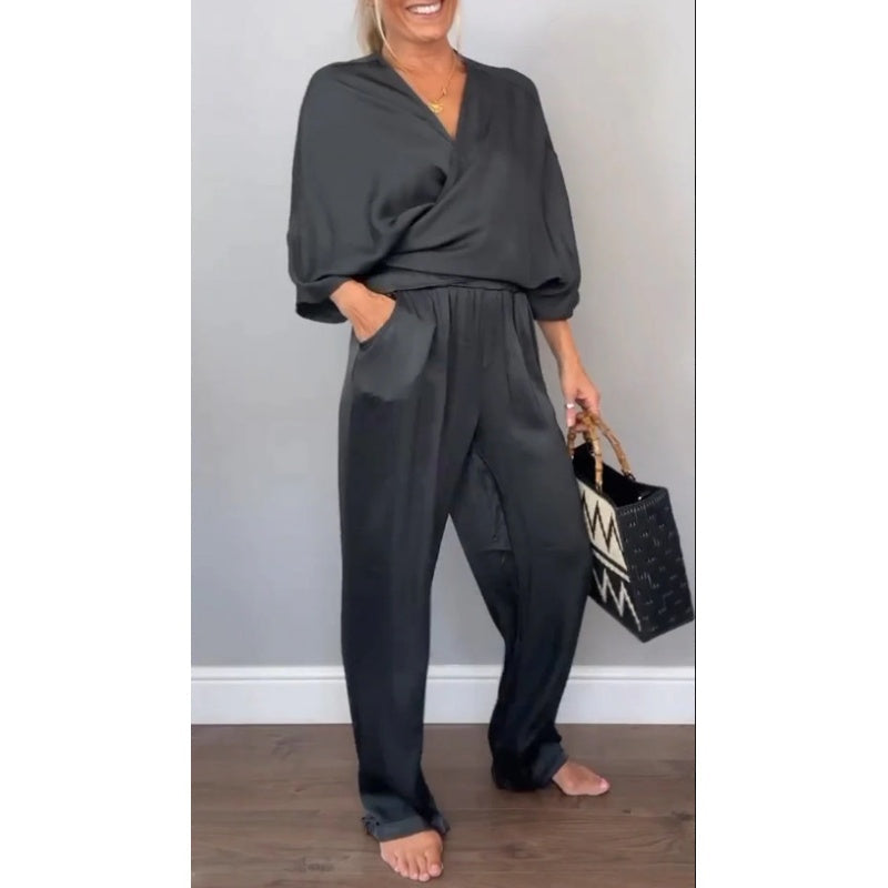 💞💞Dwuczęściowy komplet damski, zawierający top z dekoltem w serek i spodnie