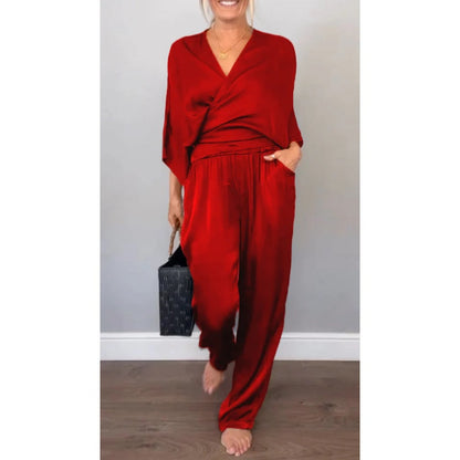 💞💞Dwuczęściowy komplet damski, zawierający top z dekoltem w serek i spodnie