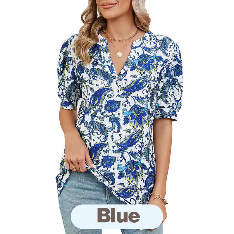 【M-2XL】🌸Damski letni top z nadrukiem i dekoltem w serek