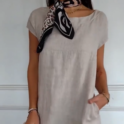 Nowość 2025! 🔥Lniana sukienka damska z okrągłym dekoltem i krótkim rękawem
