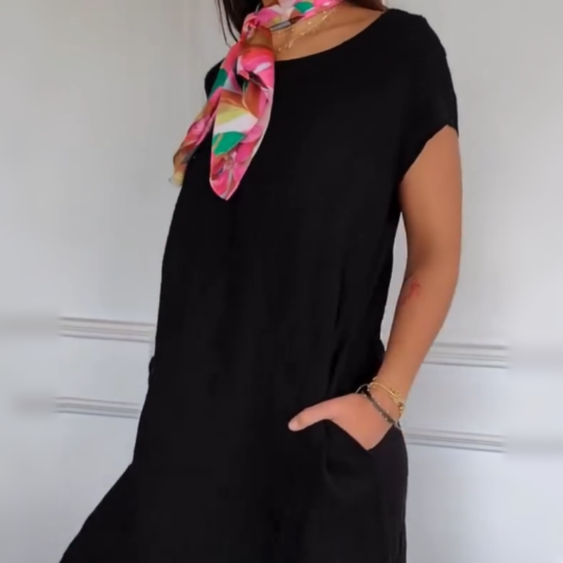 Nowość 2025! 🔥Lniana sukienka damska z okrągłym dekoltem i krótkim rękawem