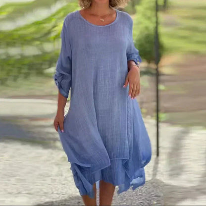 💒Elegancka, jednokolorowa, luźna sukienka damska z okrągłym dekoltem