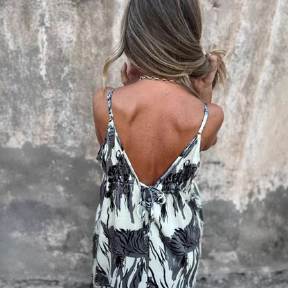 💙Damska sukienka z odkrytymi plecami i nadrukiem na ramiączkach spaghetti