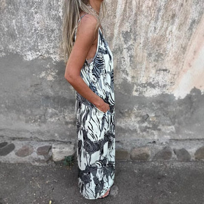 💙Damska sukienka z odkrytymi plecami i nadrukiem na ramiączkach spaghetti