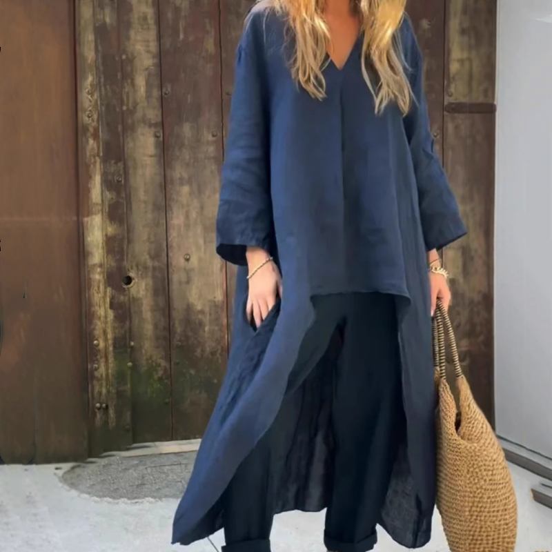 💖Letni lniany damski dwuczęściowy garnitur z kieszeniami i spiczastym dekoltem